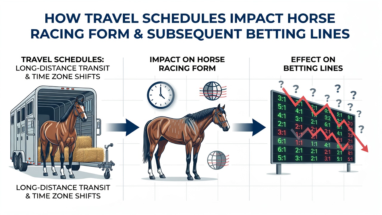 Jockeys and trainers reviewing horse condition after long-distance travel at a busy racetrack stable area